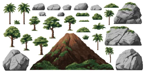 Fotobehang Dinosaur era environment pixel game assets, palms, stones and volcano mountain, vector set. Jurassic world 8bit pixel game elements of stone rocks and green trees for dinosaur island adventure © Vector Tradition