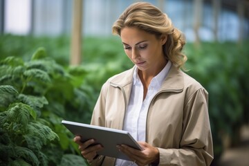 Young woman farmer monitoring plant growth with computer tablet in greenhouse setting