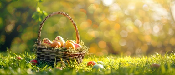 Easter celebration - colorful painted eggs in a wicker basket on fresh green grass with blooming fruit trees in the background with copy space