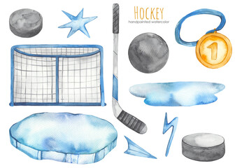 Watercolor clipart Hockey with hockey goal, ice, medal, stick, puck, for cards, invitations, boys