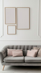 Frames mock up on color wall hanging above cozy home sofa. Modern living room comfortable stylish trendy couch posters decor background. Empty blank pictures canvas interior design decoration mockup .