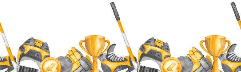Watercolor seamless border with hockey items, stick, cup, puck, helmet for prints and textures on a white background