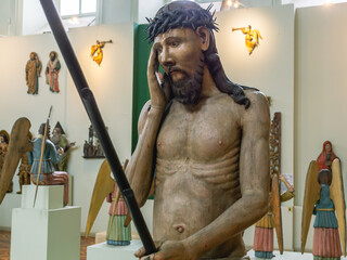 Perm wooden sculpture. A god carved out of wood. Ancient sculptures in the church. The figure of...