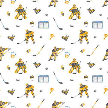 Watercolor seamless pattern with hockey player, goalkeeper, stick, cup, puck, cup for prints and textures on a white background