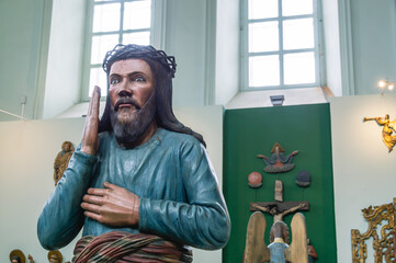 Perm wooden sculpture. A god carved out of wood. Ancient sculptures in the church. The figure of...