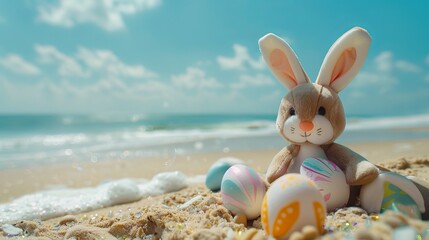 Easter vacation concept: Cute bunny and colorful eggs on a tropical sandy beach - obrazy, fototapety, plakaty