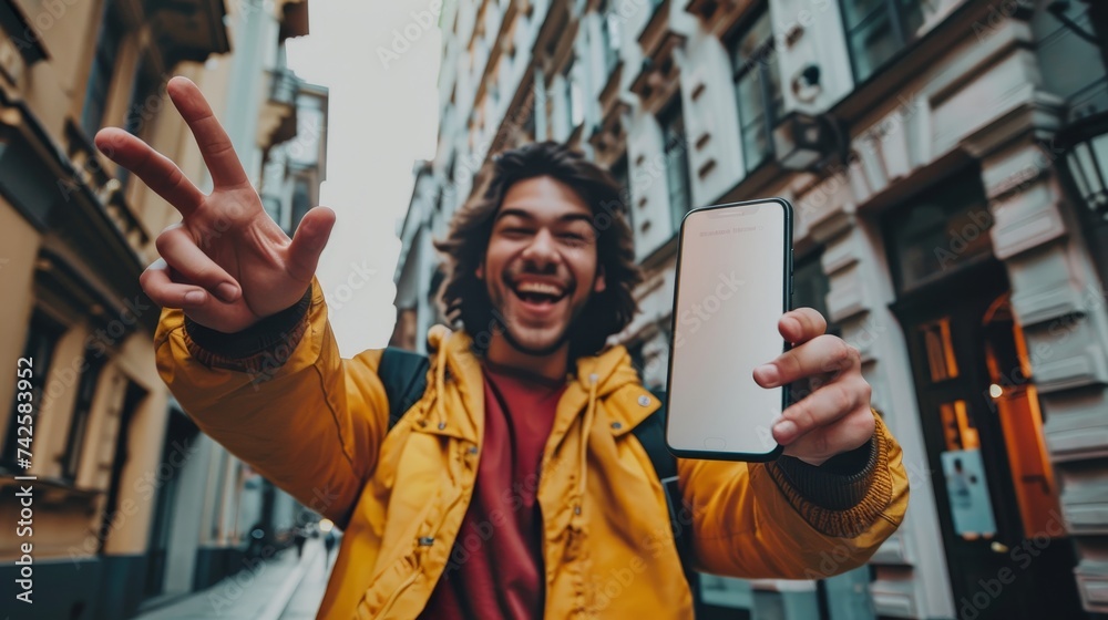 Poster holding a blank phone, this cheerful emotional man points a camera towards you and suggests an app o