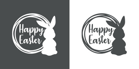 Logo con texto manuscrito Happy Easter en marco circular con líneas con silueta de Conejo de Pascua. Silueta de Conejito de Pascua de pie © teracreonte