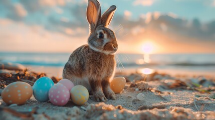 Easter vacation concept: Cute bunny and colorful eggs on a tropical sandy beach