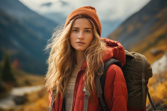 woman with backpack traveling in mountains. ai generated