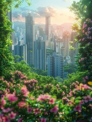 City View From Hill With Pink Flowers