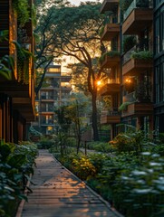 Walkway Leading to Building With Many Windows