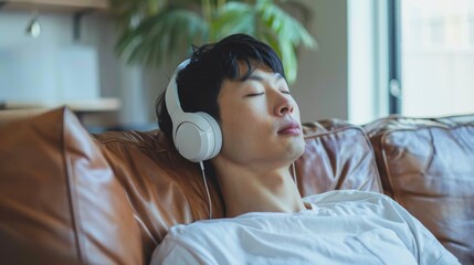 In this image, a relaxed asian man is listening to music, audio books, podcasts, and enjoying meditation for sleep and peace of mind on wireless headphones while sitting on a couch and leaning back.