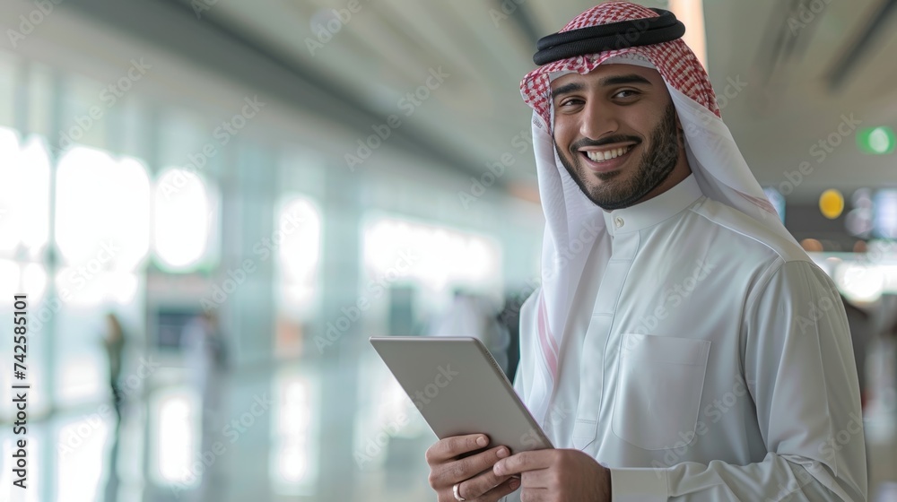 Poster A millennial Arab businessman poses at the airport terminal while using a tablet computer while waiting for his flight to board. Copy space.