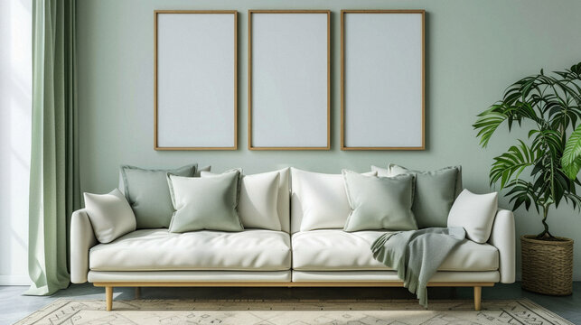 Frames mock up on color wall hanging above cozy home sofa. Modern living room comfortable stylish trendy couch posters decor background. Empty blank pictures canvas interior design decoration mockup .