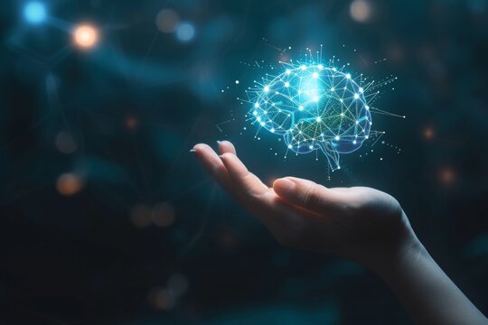 AI Brain Chip card. Artificial Intelligence connectivity mind superscalar architecture axon. Semiconductor cognitive computing development circuit board brain computer interface