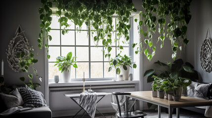 hyper-realistic images of Pothos vines cascading elegantly in a sunlit interior setting. Frame the...