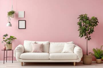 Frames mock up on color wall hanging above cozy home sofa. Modern living room comfortable stylish trendy couch posters decor background. Empty blank pictures canvas interior design decoration mockup . - obrazy, fototapety, plakaty