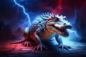 crocodile with red blue lightning background