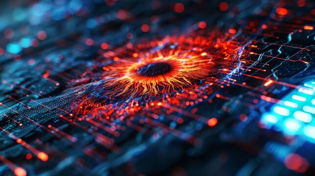 Visualize a high-security data center protected by cutting-edge biometric authentication, combining iris scans and fingerprint access