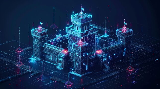 Visualize a secure digital fortress safeguarding personal data from cyber threats, symbolizing robust cybersecurity measures