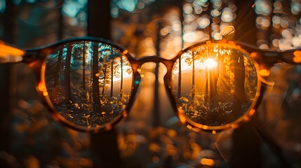 View through eyeglasses reveals the sharp clarity and vibrant beauty of an sunset in the forest