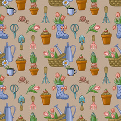 Seamless pattern on the theme of gardening with flowers and gardening tools.