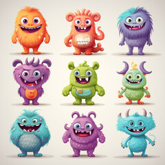 Fototapeta premium Collection of Cartoon Animal Monsters set in different colours 