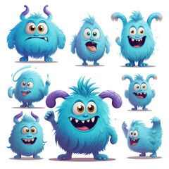 Fototapeta premium Concept design sheet of of adorable blue cartoon monster isolated on white background 