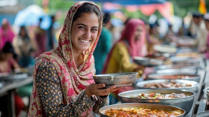 Indian smiling girl volunteer serving langar dish on the street on Baisakhi holiday, idea of spirit of mutual help - obrazy, fototapety, plakaty