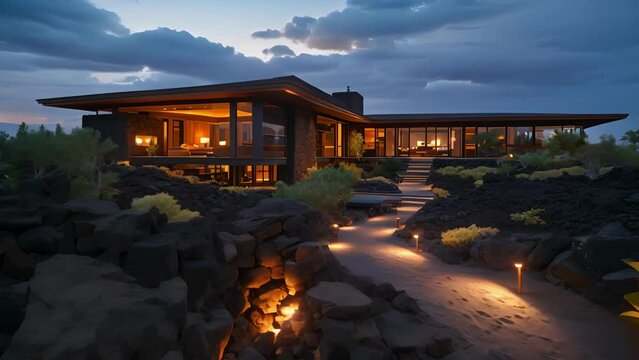 At night this home becomes a breathtakingly beautiful sight with strategically p lighting highlighting the unique textures and colors of the surrounding lava field.