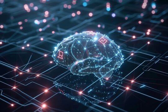 AI Brain Chip receptors. Artificial Intelligence system mind neurotransmitter function axon. Semiconductor neuronal remodeling circuit board network resilience