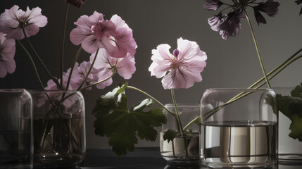 hyper-realistic images of Geranium blossoms reflecting in contemporary glass vases. Frame the composition to showcase the modern aesthetics and clean lines, creating a visually pleasing and sophistica