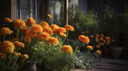 hyper-realistic images of a Marigold canopy bathed in soft afternoon light. Frame the composition to highlight the play of light and shadow on the intricately arranged blooms, adding a cinematic touch