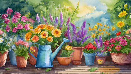 Fototapeta na wymiar flowers in pots and watering can, garden background
