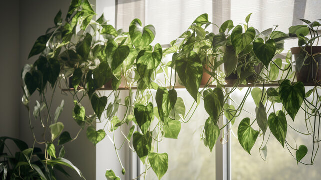 hyper-realistic images of Pothos vines cascading elegantly in a sunlit interior setting. Frame the composition to highlight the lush greenery and natural beauty of Pothos, creating a cinematic and inv