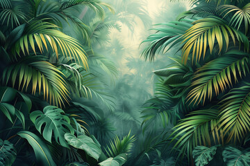 Fototapeta na wymiar A painting depicting a dense jungle filled with vibrant green leaves and lush vegetation, with copy space