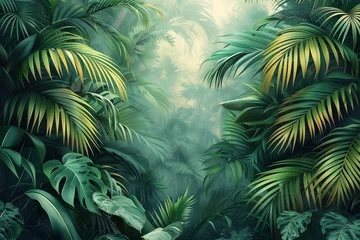 Fotobehang A painting depicting a dense jungle filled with vibrant green leaves and lush vegetation, with copy space © alenagurenchuk