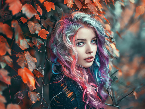 Fabulous beautiful girl with multi-colored hair in nature