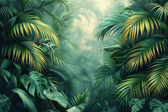 A painting depicting a dense jungle filled with vibrant green leaves and lush vegetation, with copy space