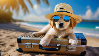 A cute golden retriever puppy dog with a straw hat and sunglasses lying on a suitcase at the beach, the concept of travel and life with animals