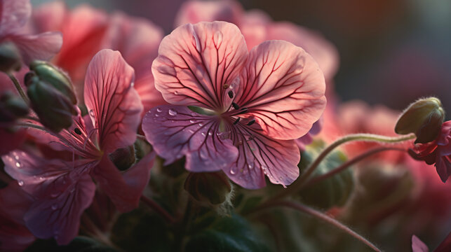 hyper-realistic close-up images highlighting the delicate beauty of Geranium petals in soft afternoon light. Frame the composition to emphasize the intricate textures and rich hues, adding a cinematic
