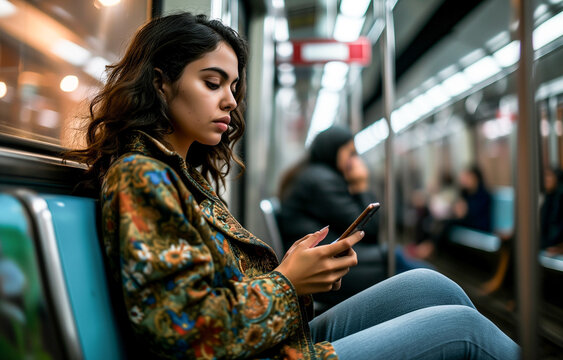 A beautiful Latin American woman in the subway. Portrait of a young woman sitting in a metro subway carriage looking at her smartphone, close-up. Bokeh in background. AI generated.