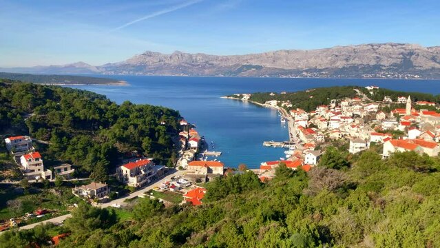 Seaside village on the Adriatic coast. Ocean and mountain views over looking the beautiful town of Povlja, Brac Island, Croatia. Europe.