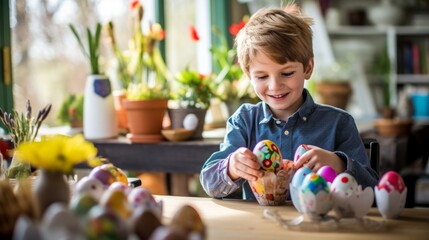 Fototapeta premium Smiling boy coloring easter eggs