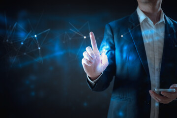 future data network concept Hand touching the Metaverse Universe, A Conceptual Shift in Digital...