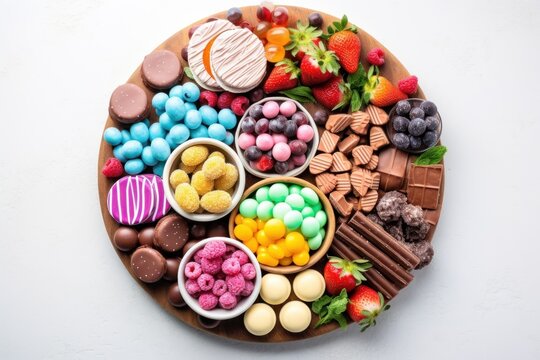 Sweet charcuterie board with chocolate candies, strawberry, cookies and marshmallows on wooden board on white background. Top view. Festive holiday snack for kids.