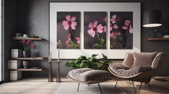 hyper-realistic images of Geranium blossoms bringing serenity to a modern interior setting. Frame the composition to capture the contrast between the contemporary environment and the timeless beauty o