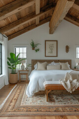 Fototapeta premium Cozy bedroom interior design. Modern light house or hotel room with comfortable large king size bed, luxury linen and stylish trendy minimal or classic decor background. Bedroom home furniture shop .