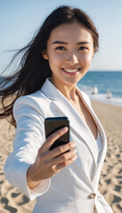 Smiling woman on the beach taking selfie on her smartphone